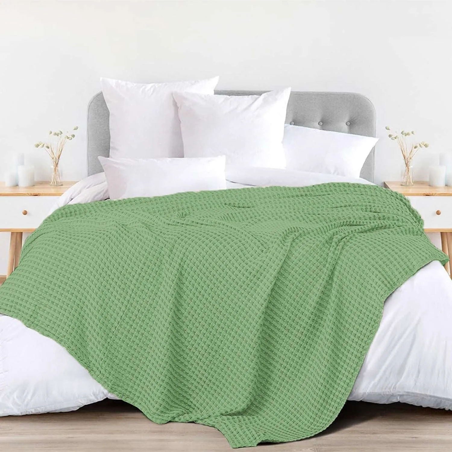 100% Cotton Waffle Weave Blanket / Cotton Dohar for Bedroom - Sage Green