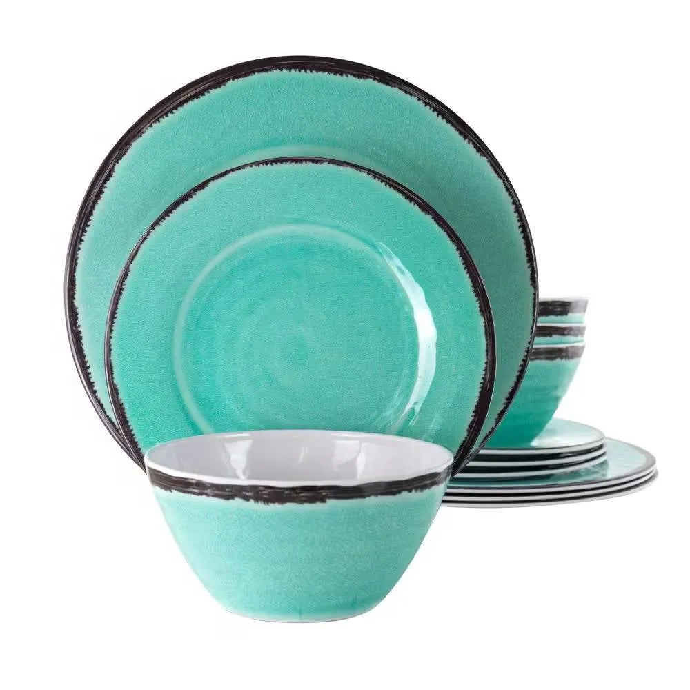 12-Piece Melamine Plates and Bowls Dinnerware Set in Turquoise Blue - Service for 4