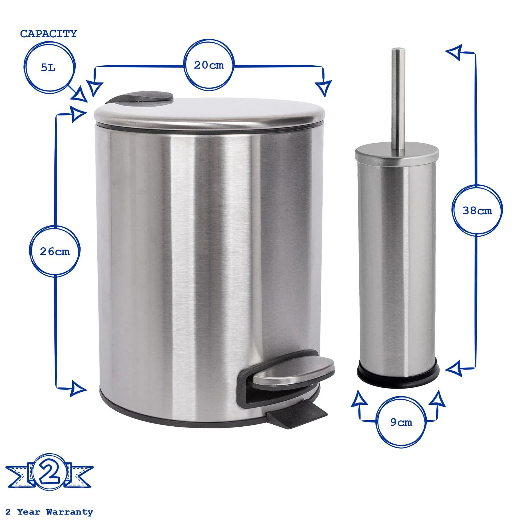 2pc 5L Round Stainless Steel Toilet Brush & Bin Set - By Harbour Housewares