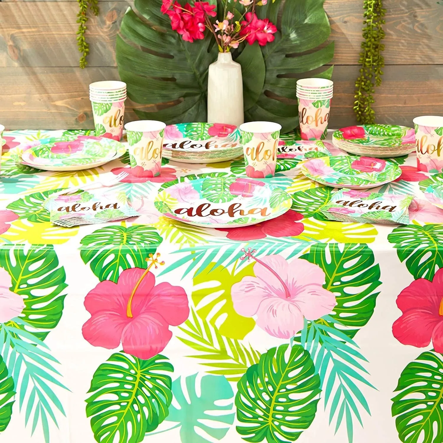 3 Pack Tropical Plastic Tablecloth, Hibiscus Floral Table Cover for Hawaiian Luau Party Supplies Decorations, 54" x 108"