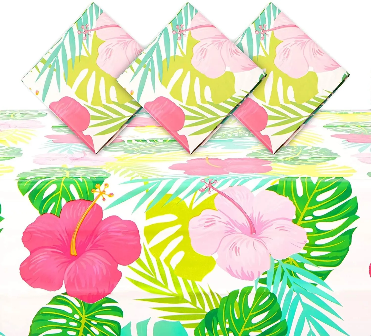 3 Pack Tropical Plastic Tablecloth, Hibiscus Floral Table Cover for Hawaiian Luau Party Supplies Decorations, 54" x 108"