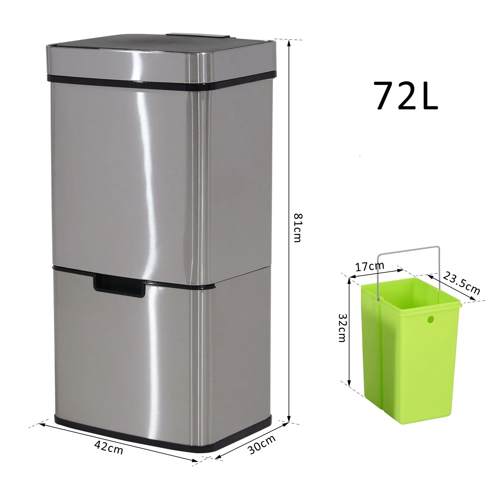 72L Recycling Sensor Bin, Stainless Steel 3 Compartments for Both Wet or Dry Waste with Removable Lid Kitchen Home