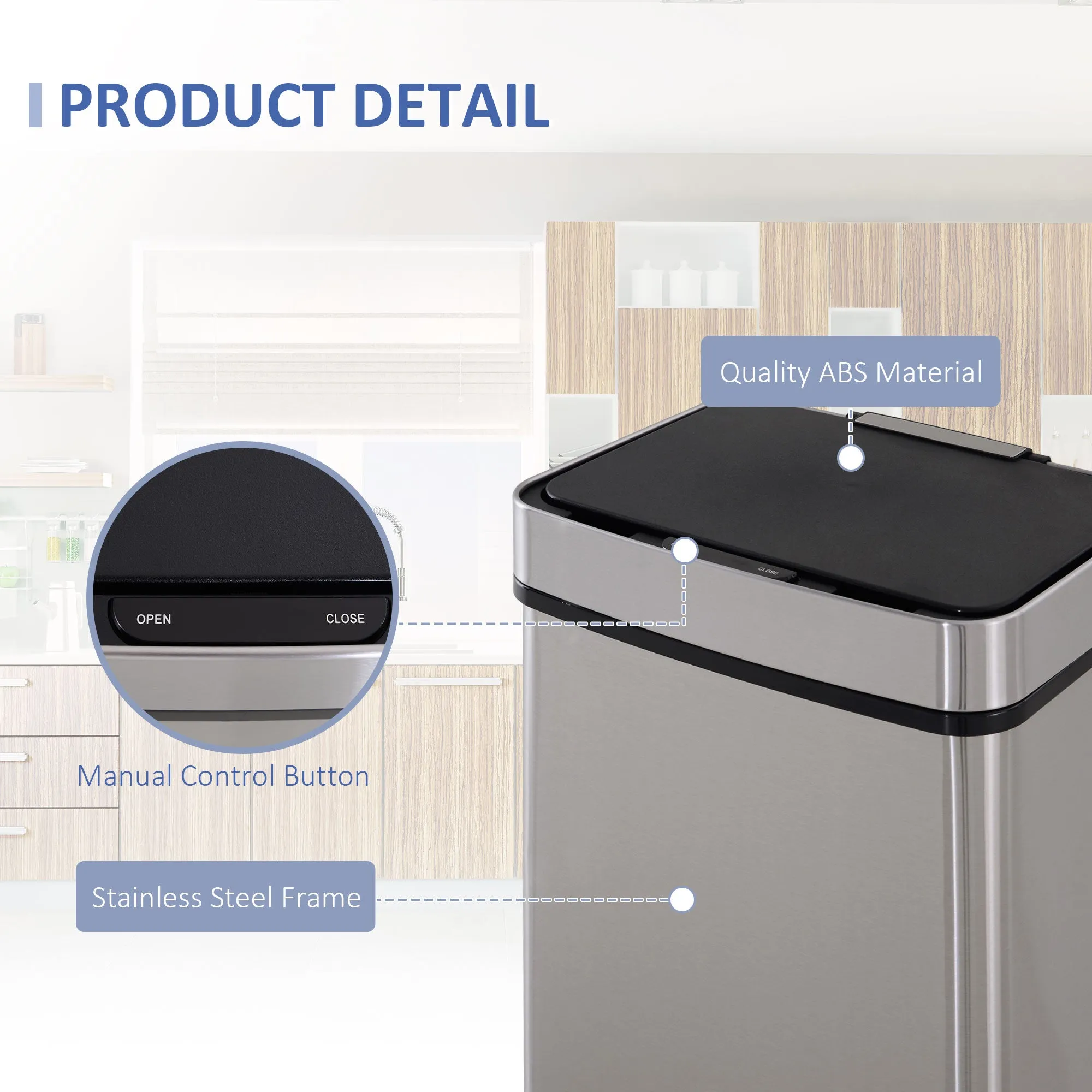 72L Recycling Sensor Bin, Stainless Steel 3 Compartments for Both Wet or Dry Waste with Removable Lid Kitchen Home