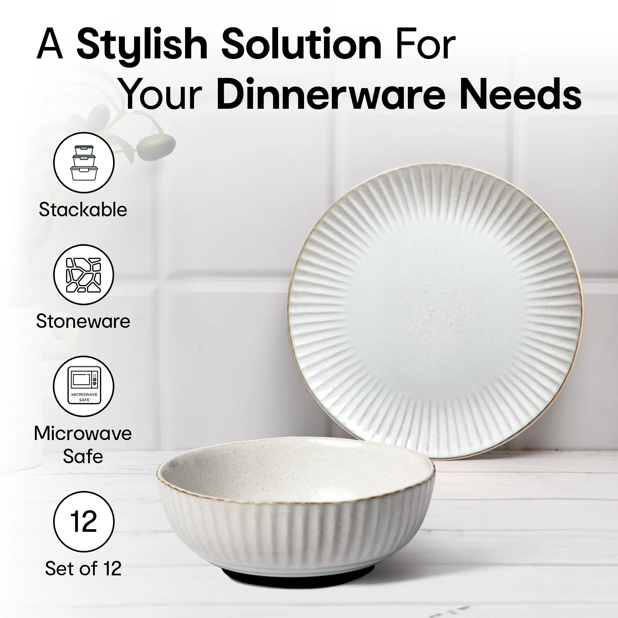 Anko Sable Stoneware 12 pcs Dinner Set | Light-Weight Premium crockery for Dining Table, Home, Restaurant, Gifting |Aesthetic tableware service set for 6 | 6 bowls (6"), 6 side plates (7"), Beige/Grey