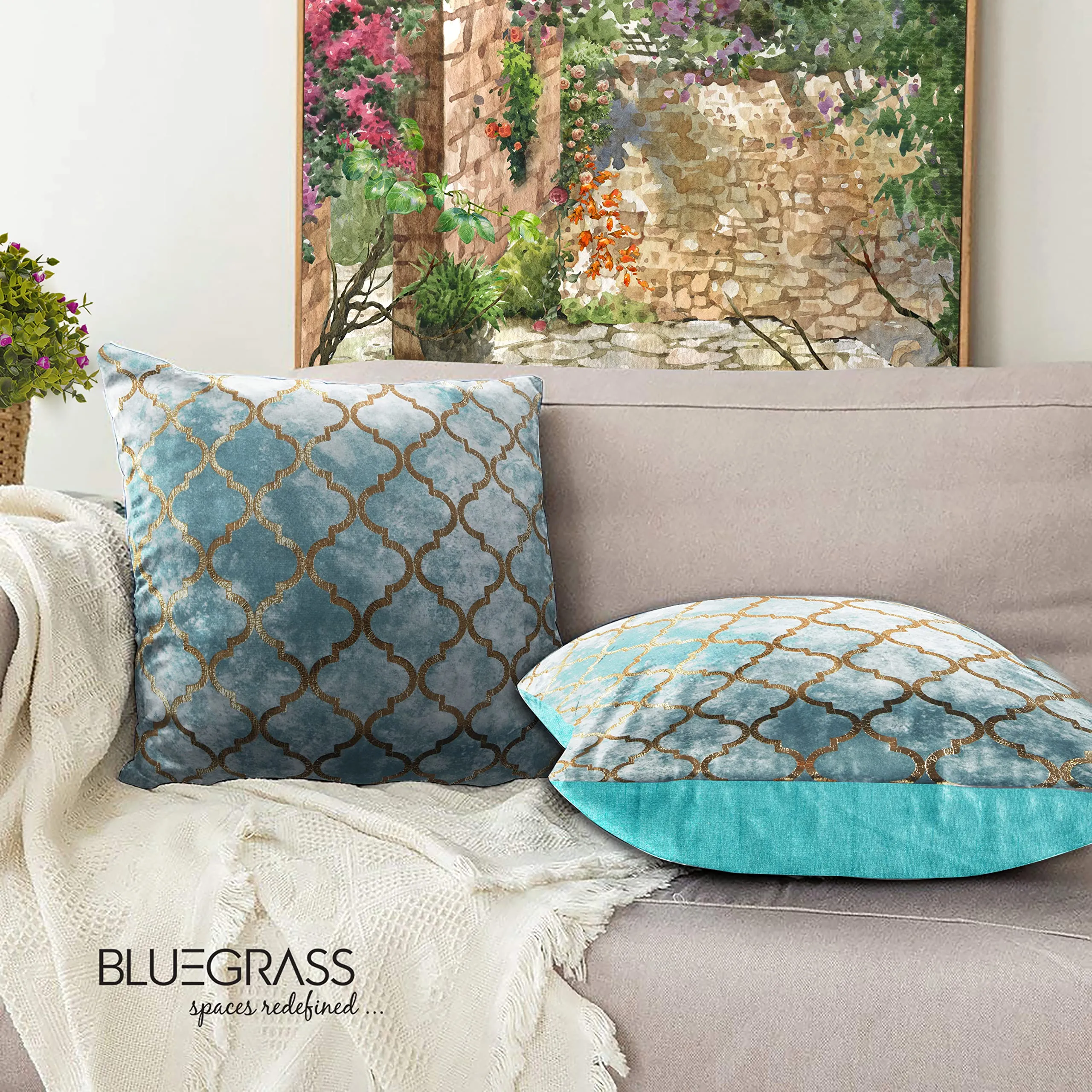 BLUE GRASS Digital Hd Foil Print Velvet Cushion Cover - Set Of 2, 24X24 Inch || Sea Green, 200 TC