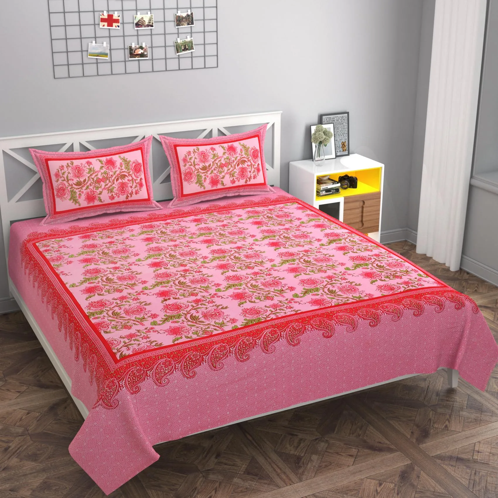 BSB HOME Hand Block Printed 200 TC Cotton Double Bed Bedsheet Handmade Long Lasting Color Fade Resistant Luxurious Flat Sheet (90 x 100 Inches, 228 x 254 Cm, Rose Print- Pink & Red)