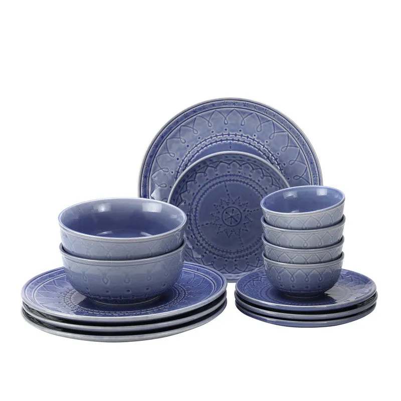 Ceramic Dinner Set | 4 Dinner Plates, 4 Small Plates, 4 Bowl & 2 Serving Bowl | Mist Blue | Set of 14