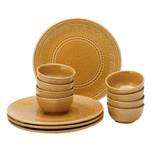 Ceramic Dinner Set | Stoneware | 4 Dinner Plates & 8 Bowl Katori | Golden Brown | Set of 12