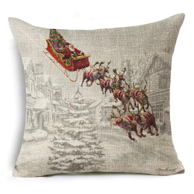 Christmas Deer Cushion Cover Cotton Linen Xmas Deer Santa Claus Pillows Cover