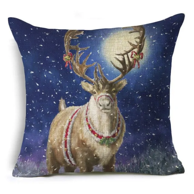 Christmas Deer Cushion Cover Cotton Linen Xmas Deer Santa Claus Pillows Cover