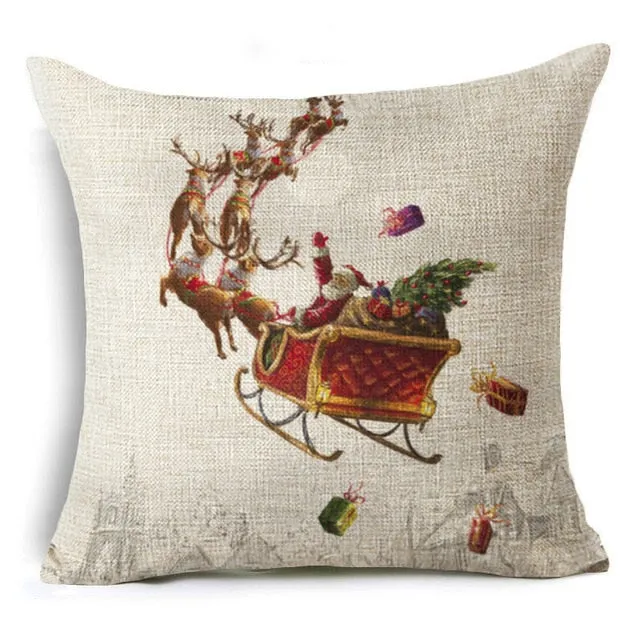 Christmas Deer Cushion Cover Cotton Linen Xmas Deer Santa Claus Pillows Cover