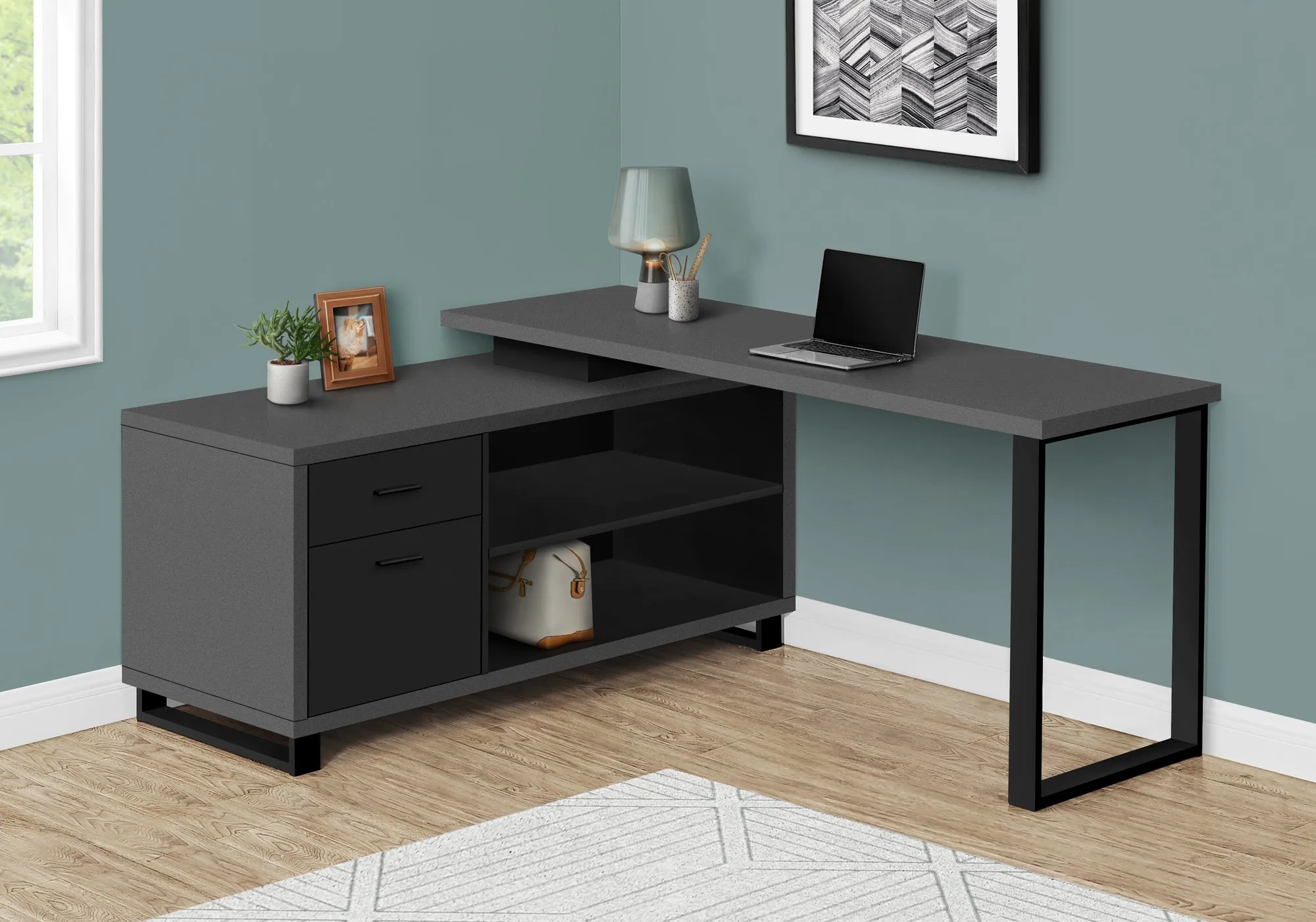 Computer Desk - 72"L Modern Grey / Black Executive Corner