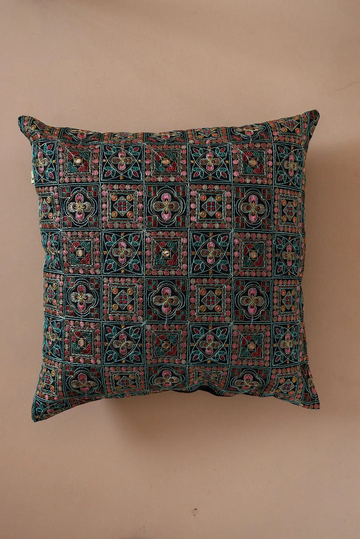 Cultural Multi-colour Embroidery on Black cotton Cushion Cover (16*16 inches)