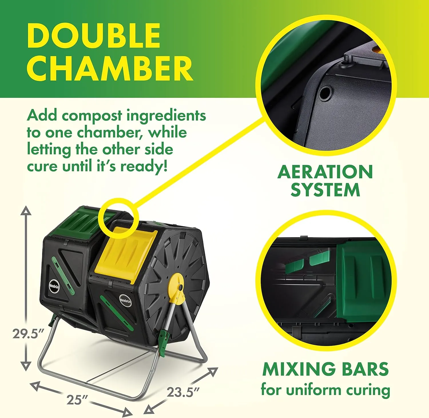 Dual Chamber Compost Tumbler – Easy-Turn, Fast-Working System – All-Season, Heavy-Duty, High Volume Composter with 2 Sliding Doors - (2 – 18.5gallon /70 Liter)