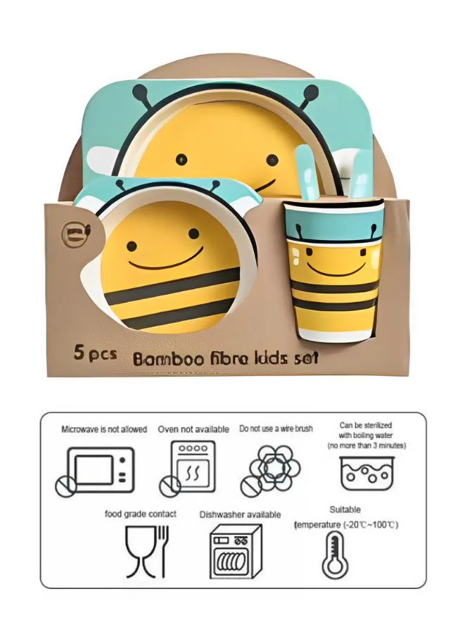 Eco-Friendly Bamboo Fiber 5pcs Kids Cutlery Set  - Creative Cartoon Dinnerware Set for Kids - Perfect Baby Feeding Solution, Bee