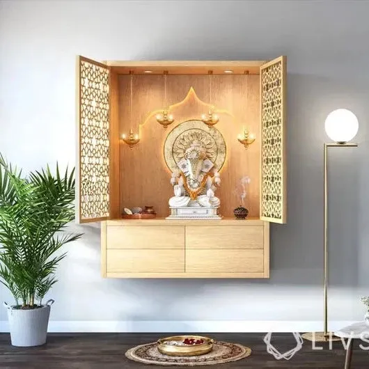 Elevate Your Worship: Space-Saving Wall Mounted Puja Shelf With Iconic Design