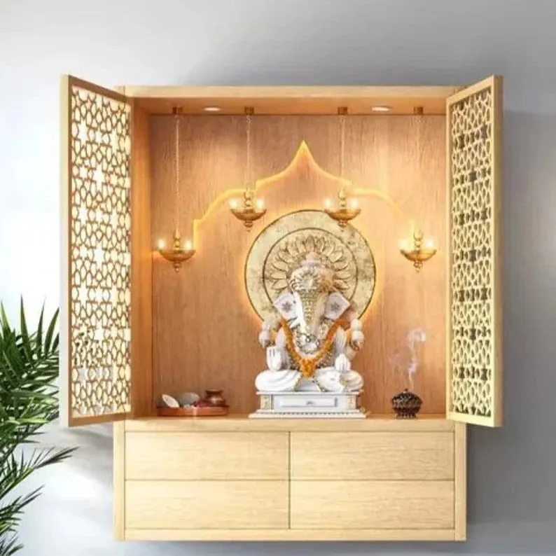 Elevate Your Worship: Space-Saving Wall Mounted Puja Shelf With Iconic Design