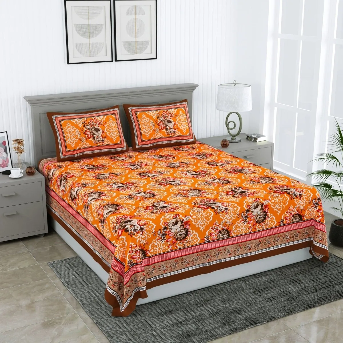 Floral Jaipuri Hand Printed Queen Size Cotton Mustard Bedsheet with Pillow Covers