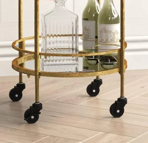 Golden Round Two Tier Bar Cart Trolley with Clear Glass Shelves