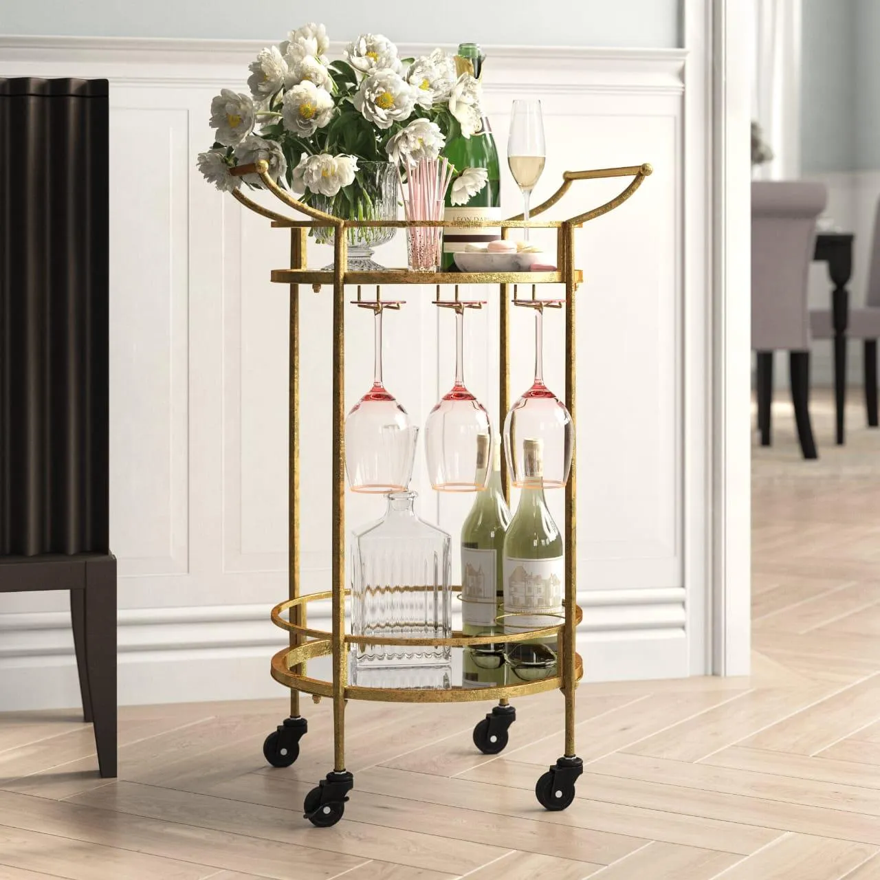 Golden Round Two Tier Bar Cart Trolley with Clear Glass Shelves