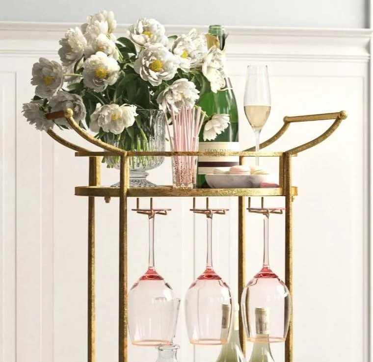 Golden Round Two Tier Bar Cart Trolley with Clear Glass Shelves