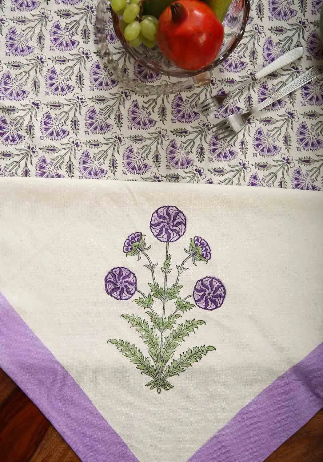 Hand Block Print Diana Bud Table Cover and Placemat & Napkin Set