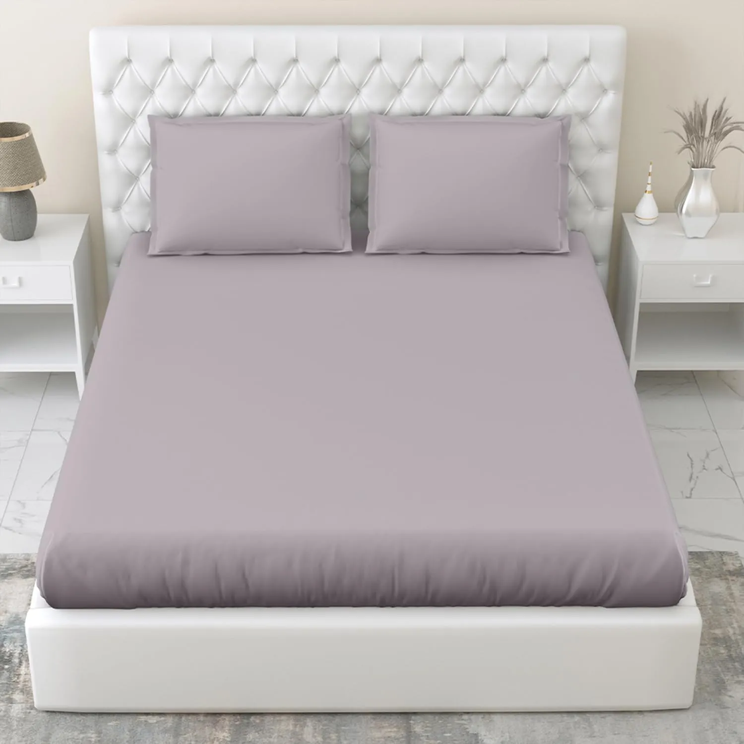 haus & kinder 100% Cotton Elastic Fitted Bedsheet King Size for Double Bed | 300TC 1 Elastic Bedsheet King Size Cotton & 2 Pillow Covers (78 x 72 Inches   13 Deep Pocket) | Mauve