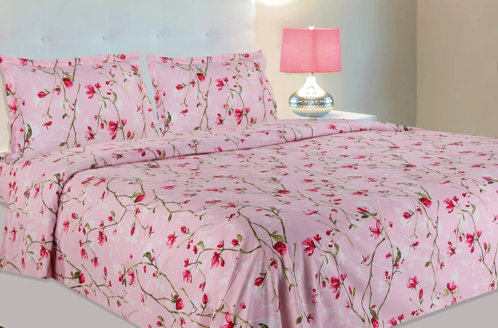 haus & kinder 100% Cotton Queen Size Bedsheet for Double Bed, 1 Cotton Bed Sheet Double Bed (90 X 100 Inches) with 2 Pillow Covers | 186 TC Bed Sheet Double Bed Summer Vinatge Romance (Pink)