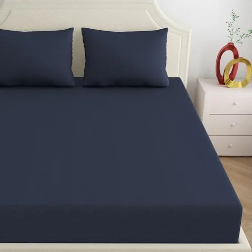 Haus & Kinder Wrinkle and Iron Free 100% Cotton Jersey (Soft T-Shirt Fabric) - Elastic Fitted Bedsheets King Size with 2 Pillow Cover - Fits Up to 8" Mattress- (78" X 72") Solid, King, Navy Heather