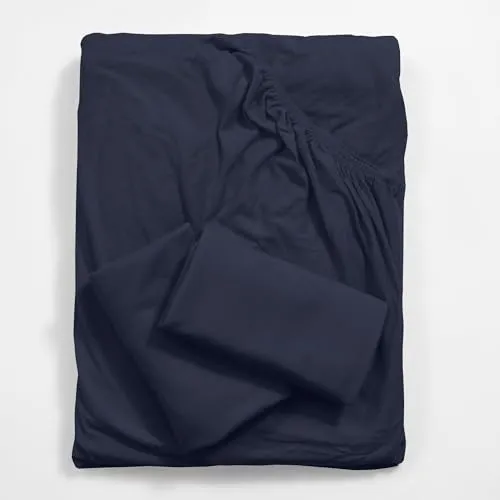 Haus & Kinder Wrinkle and Iron Free 100% Cotton Jersey (Soft T-Shirt Fabric) - Elastic Fitted Bedsheets King Size with 2 Pillow Cover - Fits Up to 8" Mattress- (78" X 72") Solid, King, Navy Heather