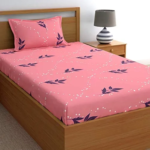 Home Ecstasy 100% Cotton Bedsheets for Single Bed Cotton, 140tc Floral Pink Single Bedsheet with Pillow Cover (4.8ft X 7.3ft)