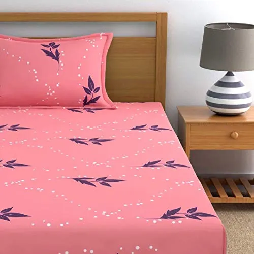 Home Ecstasy 100% Cotton Bedsheets for Single Bed Cotton, 140tc Floral Pink Single Bedsheet with Pillow Cover (4.8ft X 7.3ft)