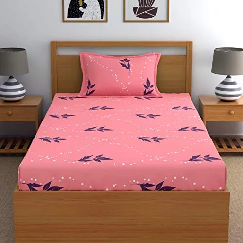 Home Ecstasy 100% Cotton Bedsheets for Single Bed Cotton, 140tc Floral Pink Single Bedsheet with Pillow Cover (4.8ft X 7.3ft)