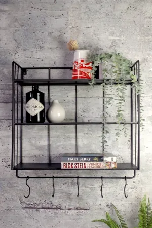 Industrial Wall Shelf with Hooks - Tall