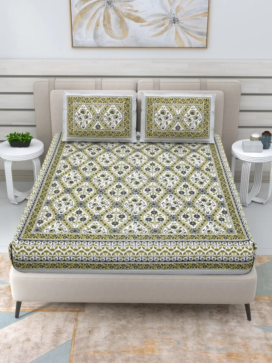 Jaipuri Hand Printed Queen Size Cotton Bedding Set -630