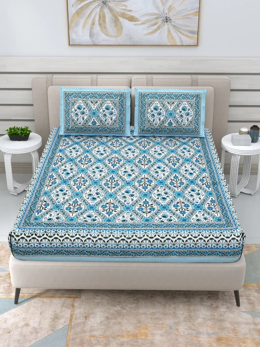 Jaipuri Hand Printed Queen Size Cotton Blue Bedding Set