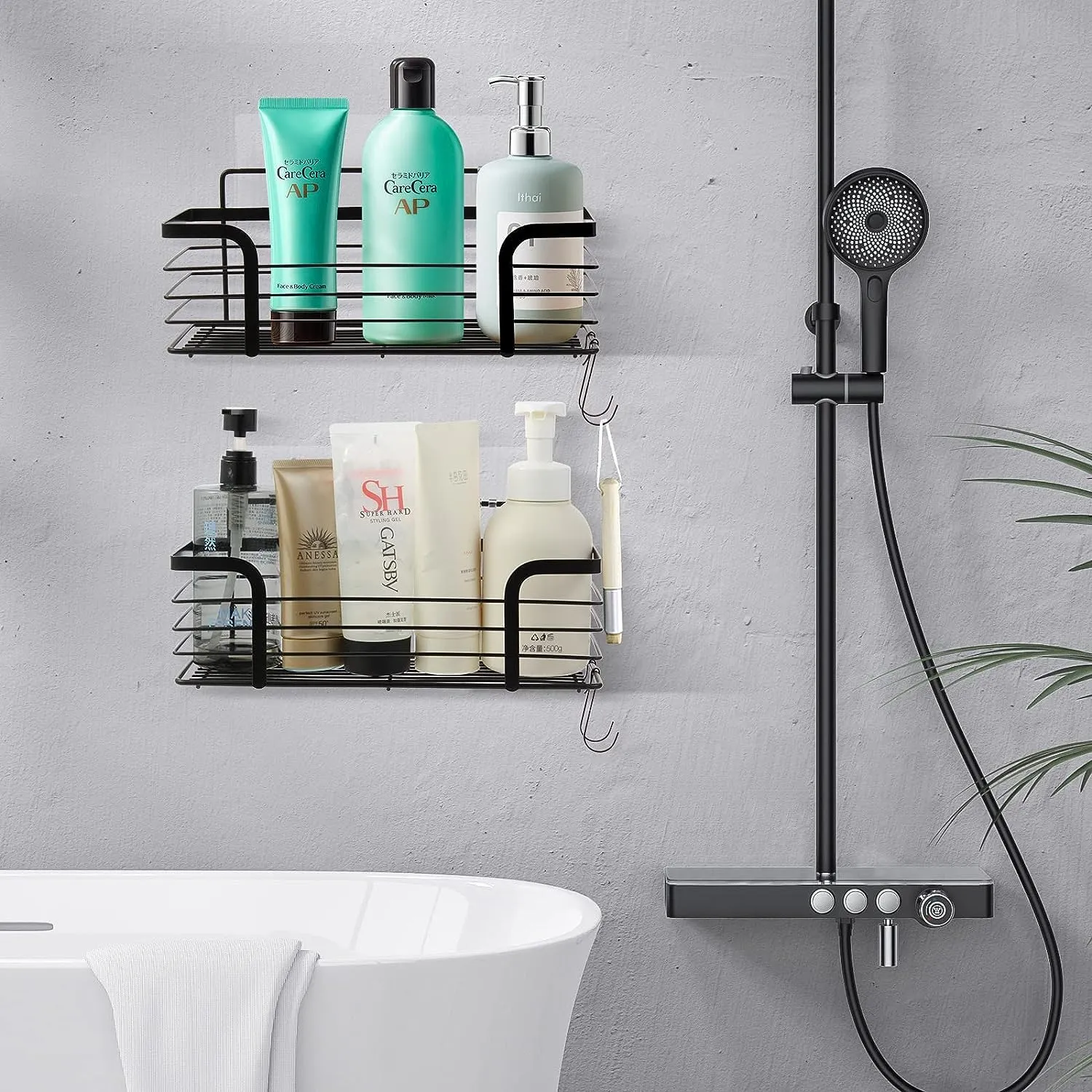 JIALTO 1 Pcs Adhesive Bathroom Shelves with 3 Hooks, No Drilling Wall Mounted Rustproof Stainless Steel Bathroom Shelf, SUS 304 Stainless Steel Organization for Bathroom(30L*12W*12H CM, BLACK)