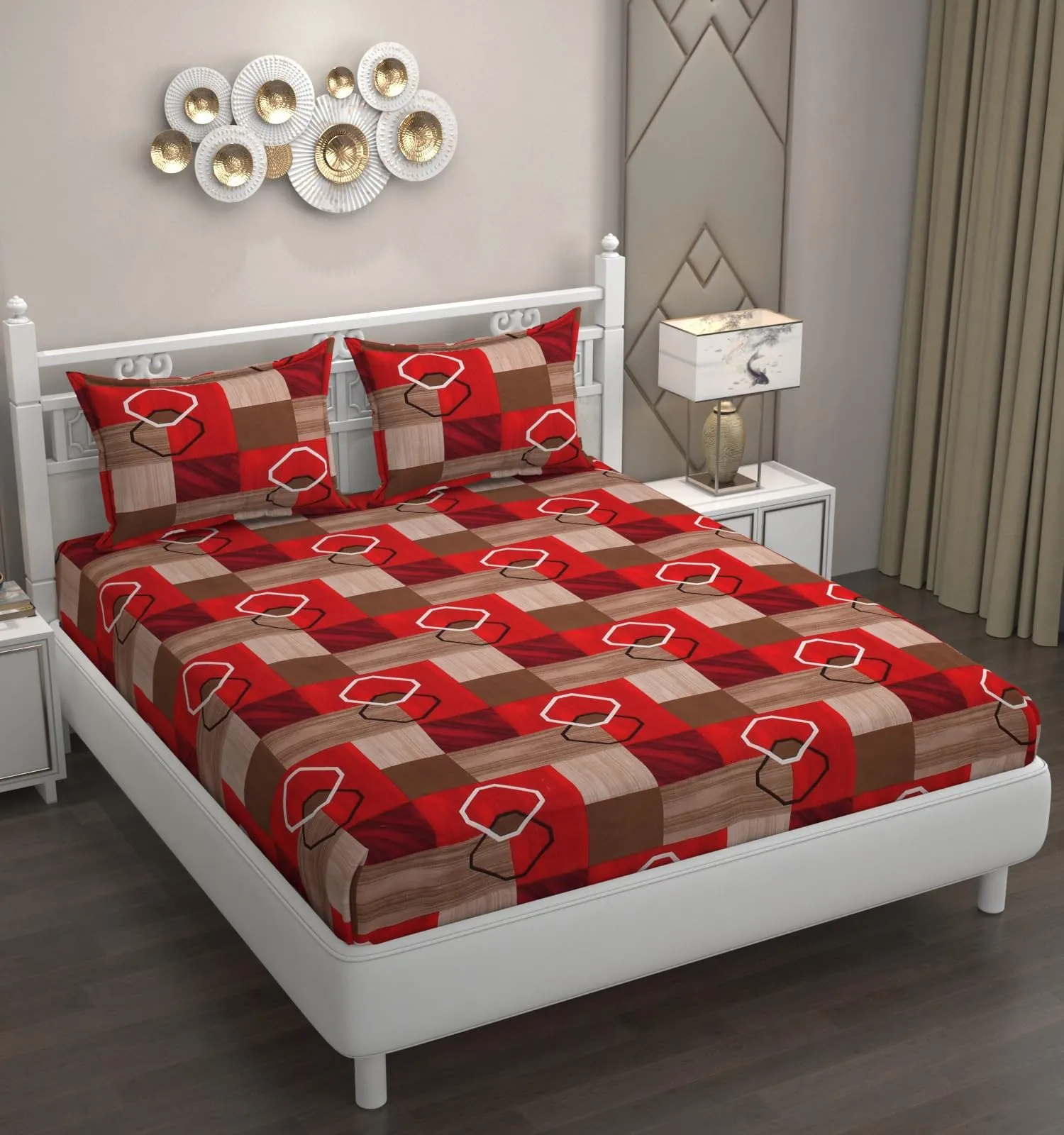 KARIDH Cotton Feel Glace Cotton Elastic Fitted Printed King Size Double Bed Bedsheet With 2 Pillow Coverm Fits Upto 8 Inches Mattress,Size- 72X78X10 Inches (Red Check), 350 TC