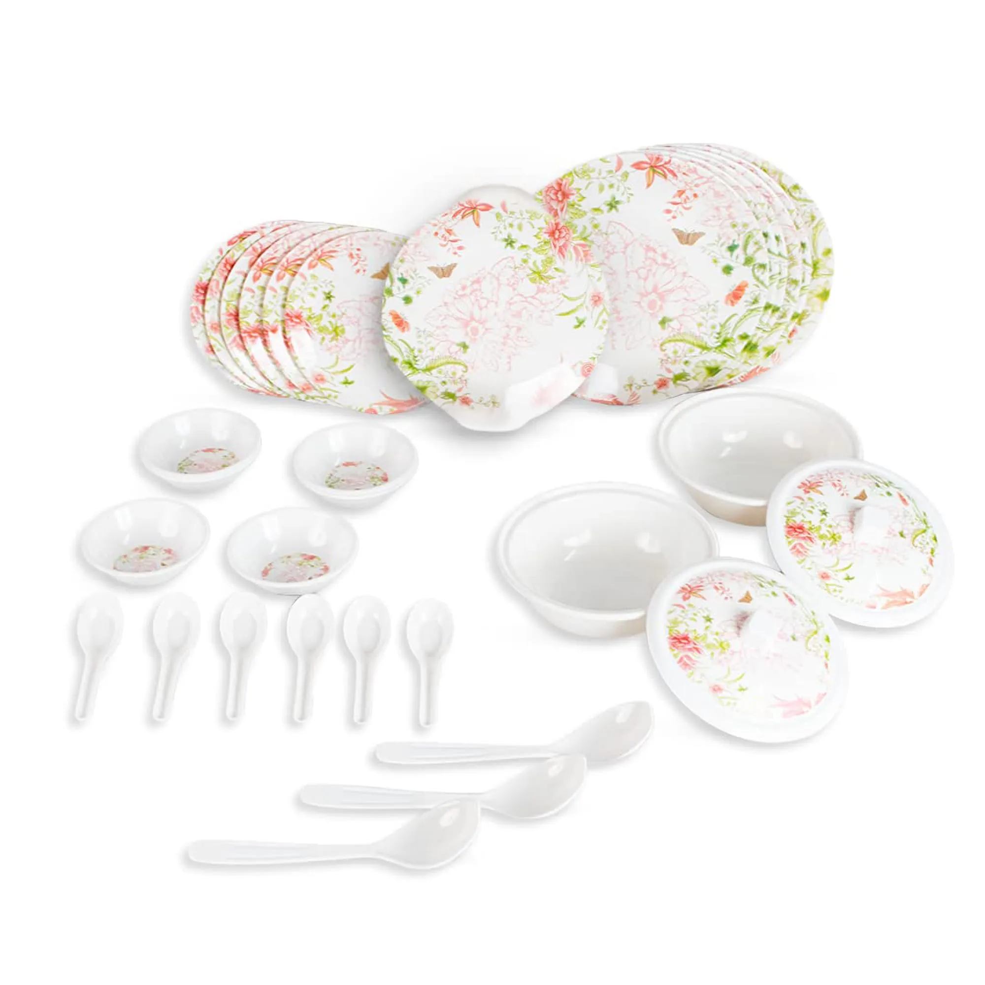 Kuber Industries 32 Pieces Round Melamine Microwave & Dishwasher Safe Dinnerware Kitchen Crockery Set | Glossy Dinner Sets & Kitchen Set for Home | Stylon Pink Floral - White