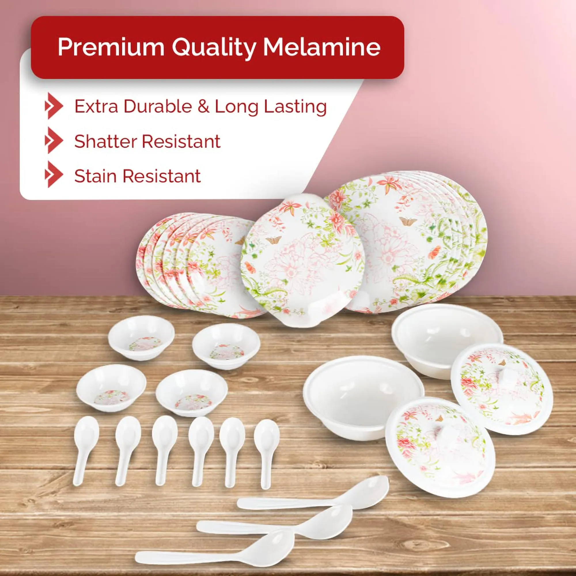 Kuber Industries 32 Pieces Round Melamine Microwave & Dishwasher Safe Dinnerware Kitchen Crockery Set | Glossy Dinner Sets & Kitchen Set for Home | Stylon Pink Floral - White