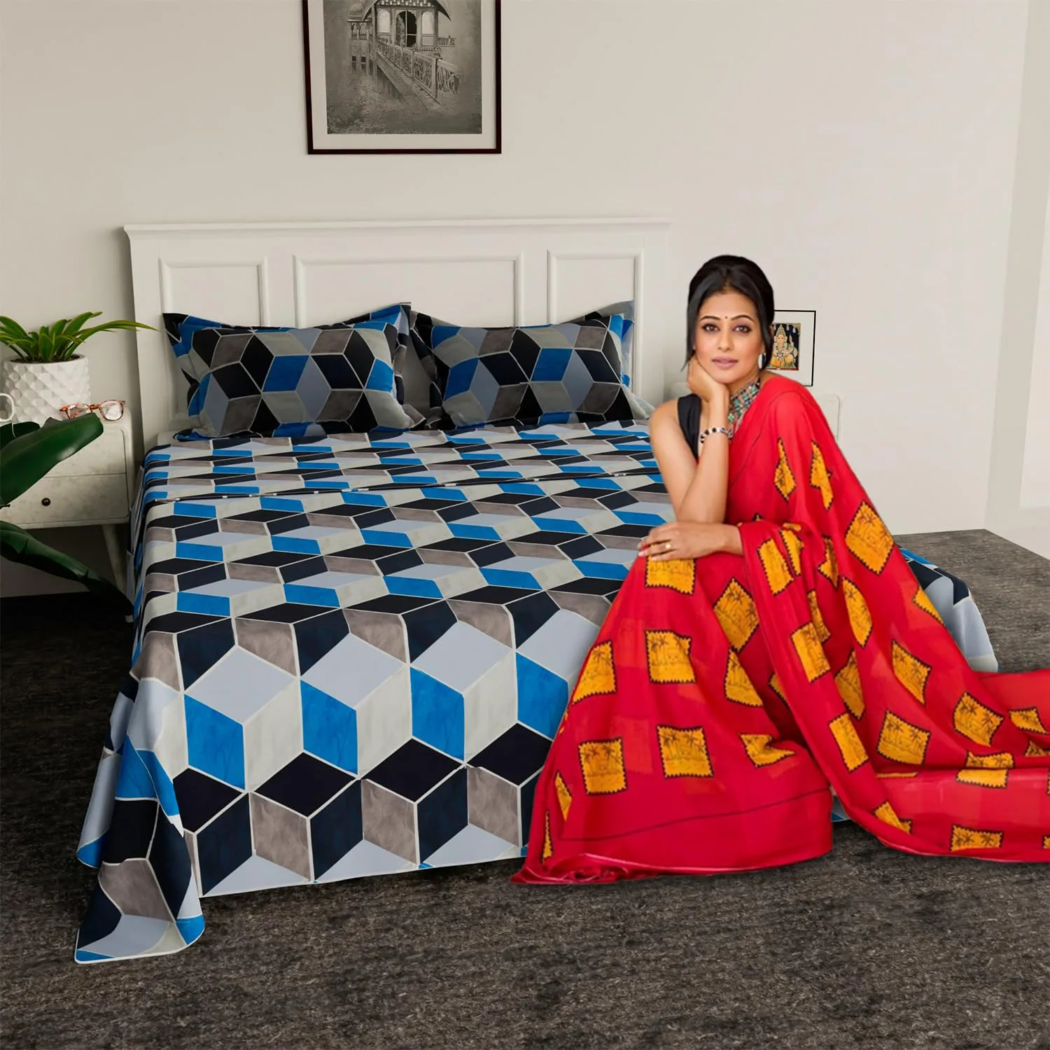Kuber Industries Bedsheet | Cotton Double Bedsheet with 2 Pillow Covers | 144 TC Zig Zag Design Bedsheet for Bedroom | Bedsheet for Living Room | 90x100 Inch | Blue