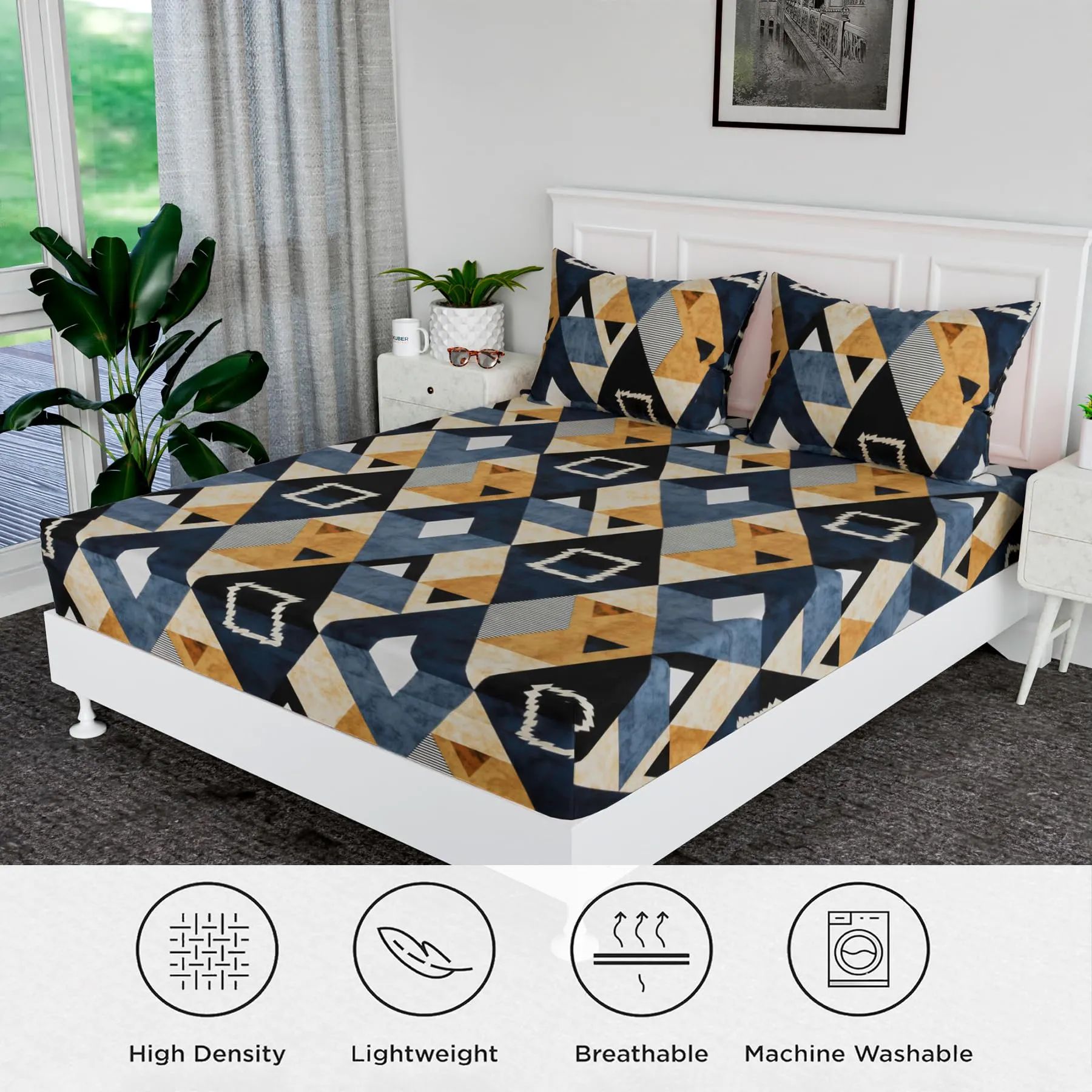 Kuber Industries Double Bedsheet | Premium Cotton Bedsheet with 2 Pillow Covers | Bedsheet for Bedroom | Bedsheet for Double Bed | Zig Zag-Design | 90x108 Inch | Blue & Brown