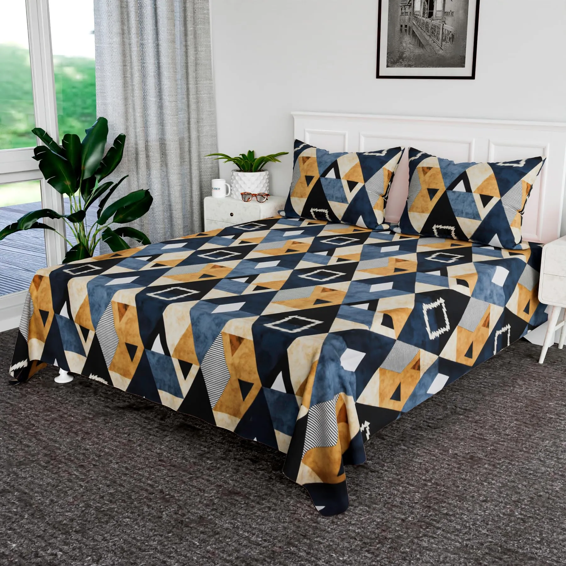 Kuber Industries Double Bedsheet | Premium Cotton Bedsheet with 2 Pillow Covers | Bedsheet for Bedroom | Bedsheet for Double Bed | Zig Zag-Design | 90x108 Inch | Blue & Brown