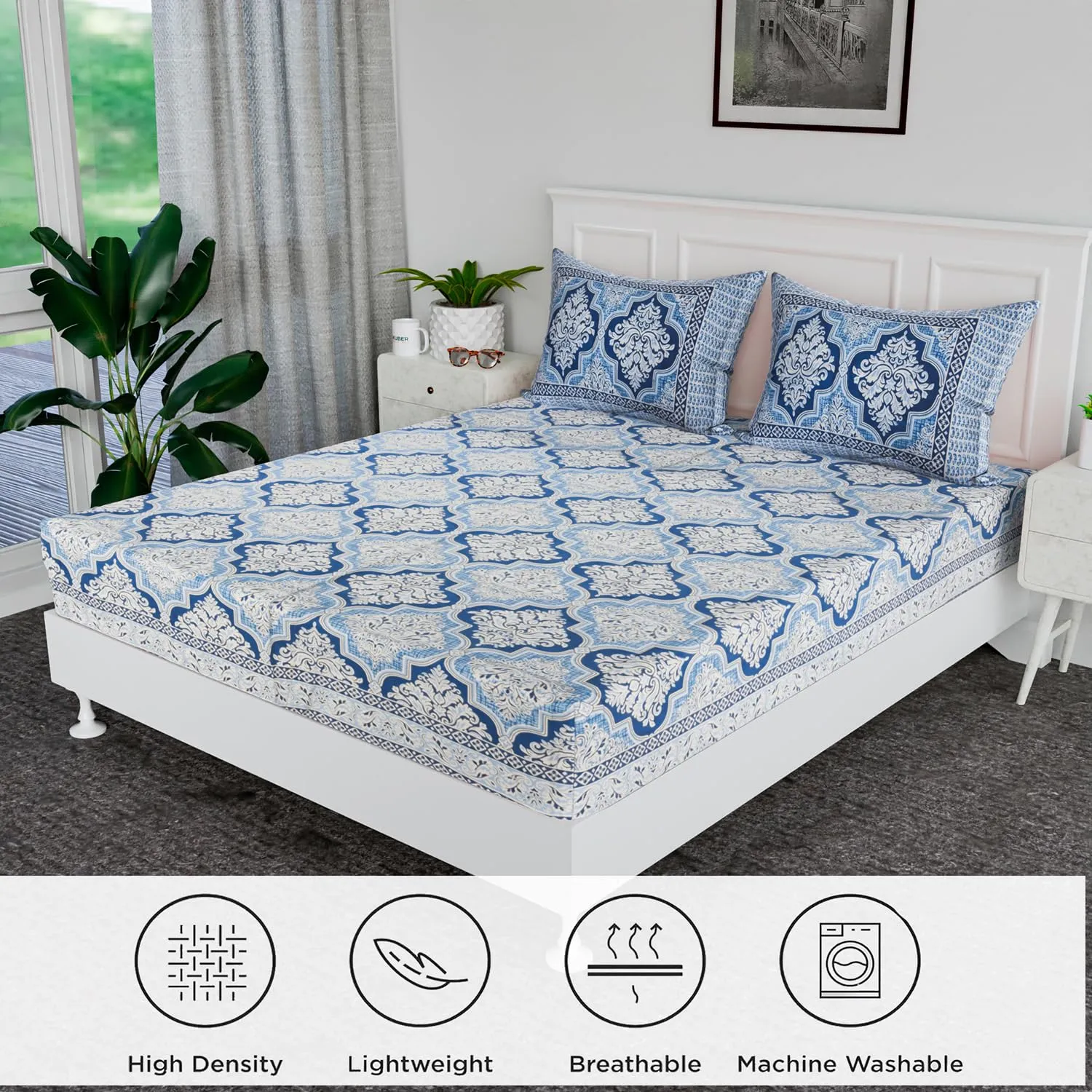 Kuber Industries Double Bedsheet | Premium Cotton Bedsheet with 2 Pillow Covers | Bedsheet for Double Bed | Flower Heritage | 90x108 Inch | Blue