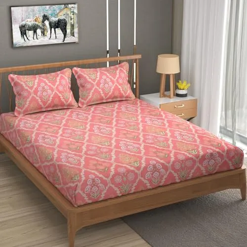 MAFATLAL Cotton Blend Double Bedsheet with 2 Pillow Covers (Peach)