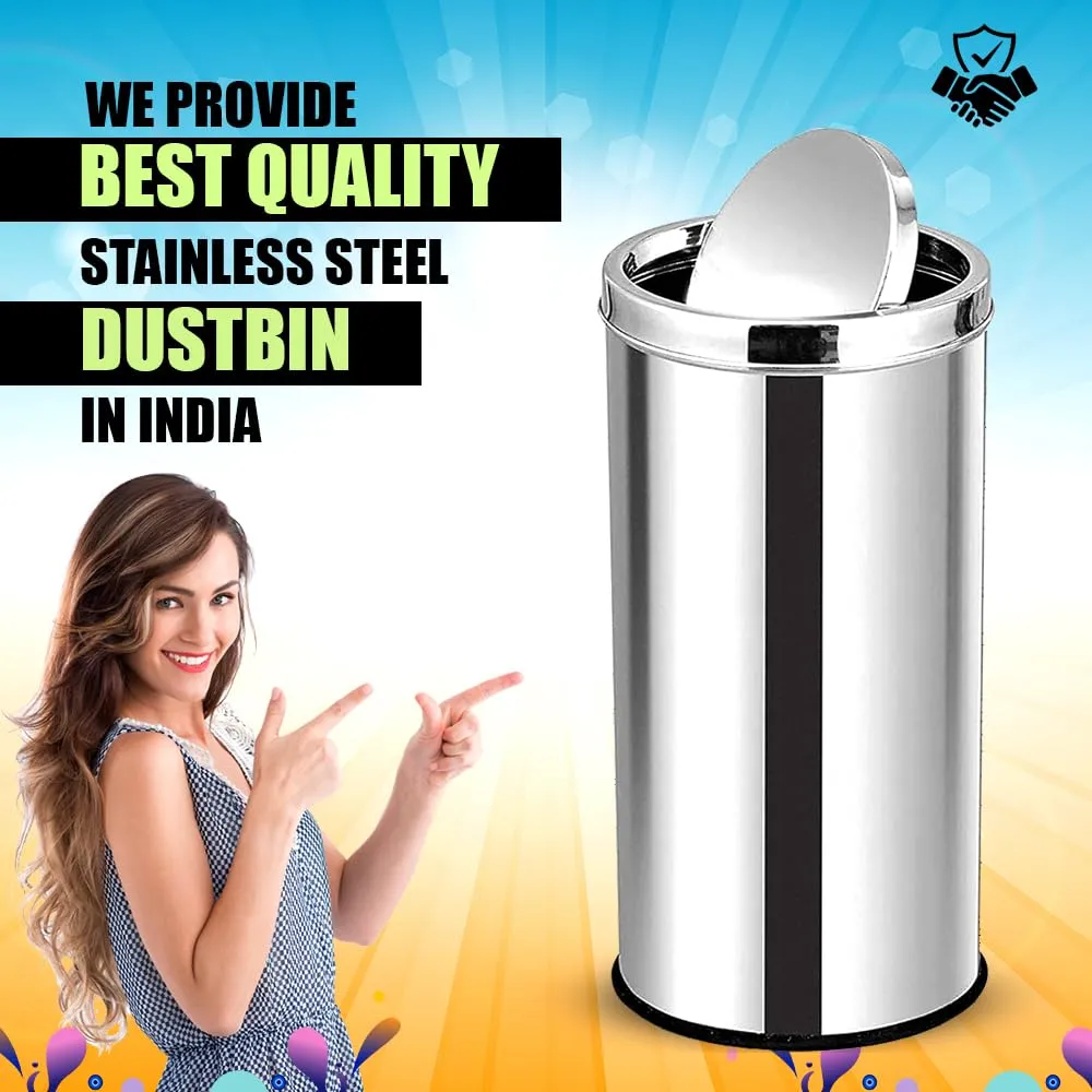 mofna Stainless Steel Swing Type Dustbin - Versatile Trashcan, Wastebin & Recycle Bin for Kitchen, Home, Office - Durable & Stylish (14x24 Inch, 70 Liter, Silver)