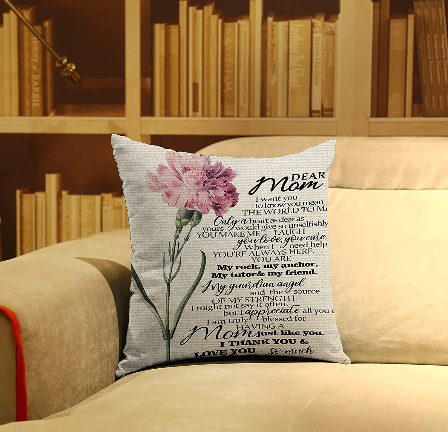 Mom Pillow Cover with Saying & Carnation