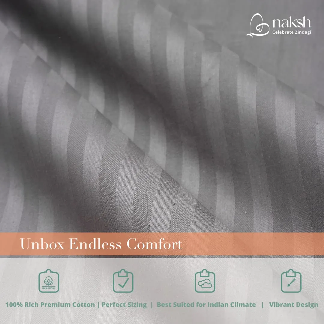 Naksh Elastic Fitted Bedsheets King Size 78 x 72 Inch, 210 TC Stripes Pure Cotton, Grey | 1 King Size Bedsheet with Elastic Fitted and 2 Pillow Covers