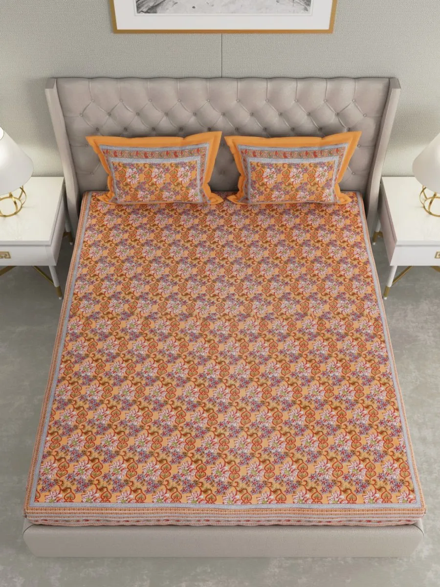 Orange Floral Hand Printed Pure Cotton King Size Bedding Set