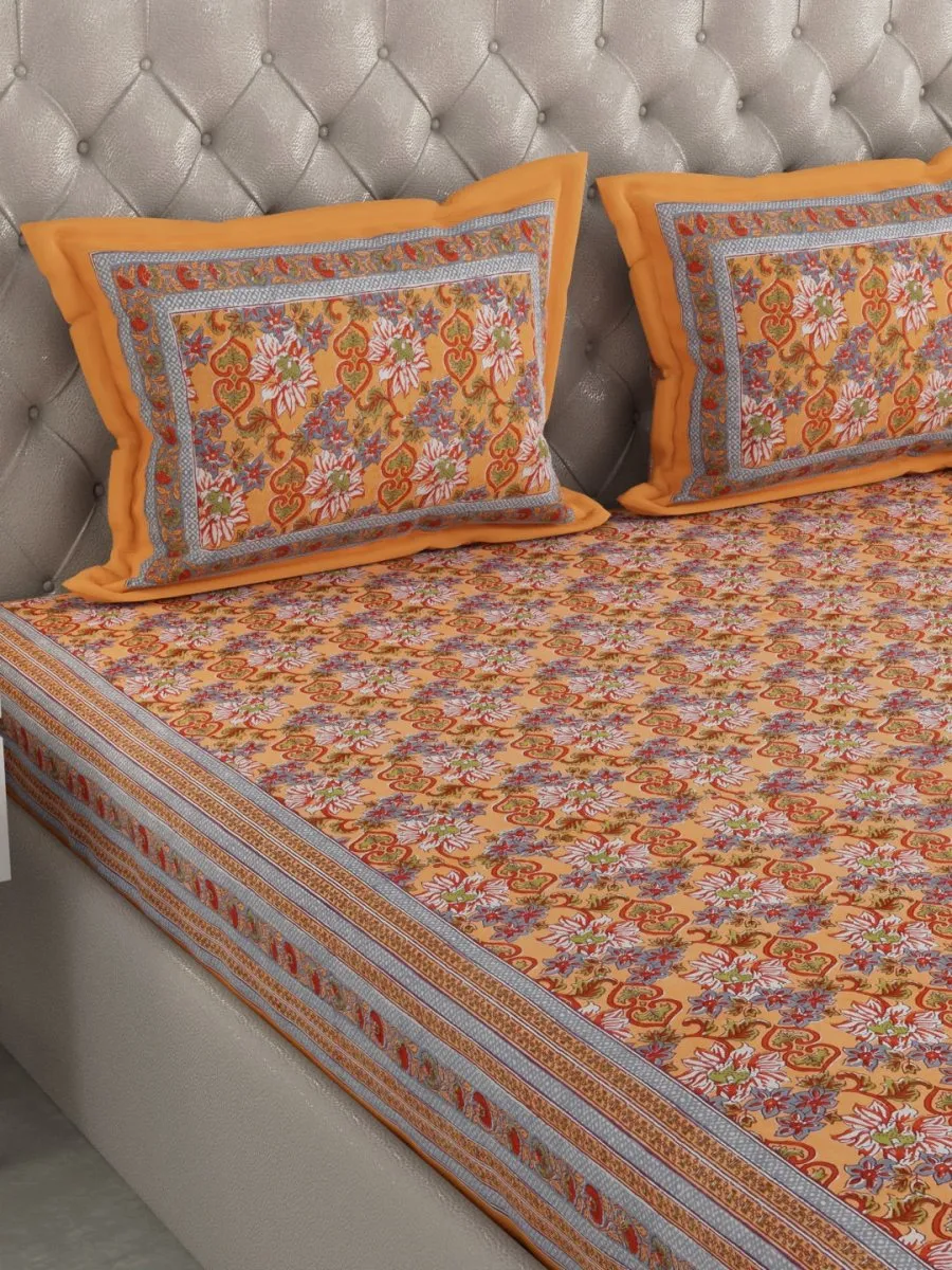 Orange Floral Hand Printed Pure Cotton King Size Bedding Set